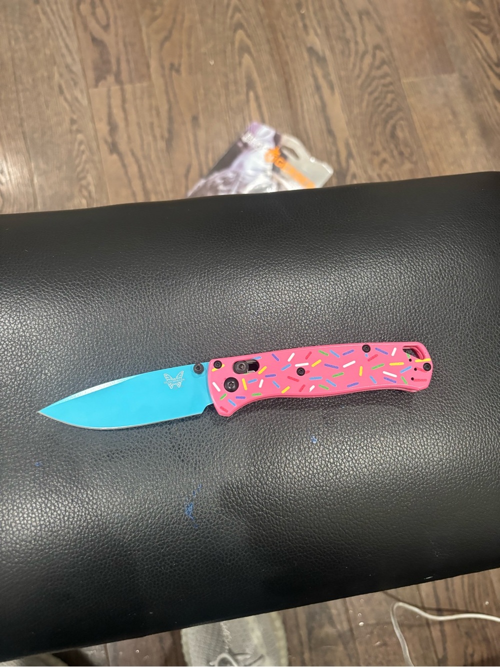 Benchmade Pink Sprinkle Handle Folding Knife with Turquoise Blade
